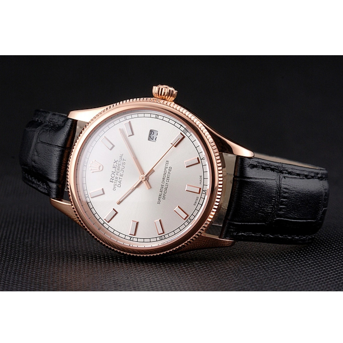Best AAA Replica Sites White Rose Rolex Dial Leather Case Black Strap Datejust Gold Swiss 0520